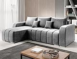 ML Furniture Ltd Velvet Ecksofa in L-Form 245 x 86 x 147 cm mit Schlaffunktion und Bettzeugbehälter - Schlafsofa mit Bettkasten - Eckcouch mit Stauraum - Links Couch Velours - Farbe: Grau MO84