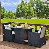 GIANTEX Balkonmöbel Kleiner Balkon, Rattan Gartenmöbel Set Esstisch mit 2 Stühlen, Rattan Balkonmöbel Set Balkon 2 Personen, Balkon Möbel für Kleinen Balkon, inkl. Kissen, Balkonset platzsparend