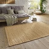Taracarpet Handwebteppich Läufer Fleckerl Teppich Uni waschbar aus Baumwolle für Wohnzimmer und Küchenteppich 070x140 cm beige