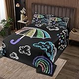 Kinder Regenbogen Malerei Bettdecke L Größe,Bunte Wolke und Regenschirm Cartoon Bettwäsche Set für Mädchen Jungen,Abstrakte Graffiti Tröster Set Schwarz Chic Coverlet Quilt,2 Kissenbezug