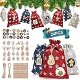 24 Adventskalender zum Befüllen, HORAY Weihnachten Geschenksäckchen mit 24 Adventszahlen Aufkleber + 24 Adventszahlen Holz Anhänger, Stoffbeutel Jutesäckchen, Weihnachtskalender tüten Geschenkbeutel