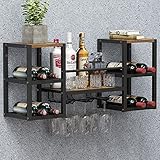 VEDECASA industriell wandmontierte Weinregal mit 3 Dampfglashalter Partial Holzregal Schwarz Metallflaschenhalter Multi funktionaler Weinpareite Display Rack für Home Bar Dining Room Kitchenkitchen