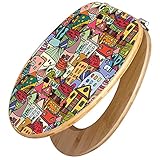 banjado® Design WC Sitz Bambus 44x38x5cm mit Motiv Funky Town - Toilettendeckel/Toilettensitz Bambus - hochwertiger Bambus Klodeckel/WC-Sitz mit Universal Scharnieren für alle gängigen Toiletten