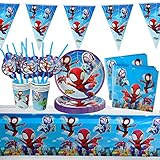 Partygeschirr Set, Spider-Man and His Amazing Friends Tableware Kindergeburtstag Deko, Superheld Party Set, Geburtstag Party Supplies, Teller, Tassen, Servietten, Happy Birthday Banner, Tischdecke