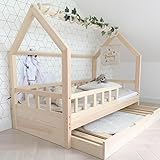 Hausbett 80x160 Mit Rausfallschutz Naturholz - Kinderbett mit Bettkasten - Kinderbett mit Lattenrost – Stabiles Rausfallschutz Bett für Kinderzimmer