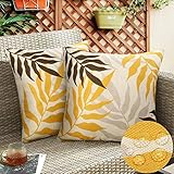 2er Set Outdoor Kissenbezüge Wasserfeste Kissen Wasserdicht Kissenhülle Braune Blätter Dekohülle Sofakissen Moderne Couchkissen für Draußer Garten Balkon Terrasse Sommer Kissenbezug 50x50cm Gelber