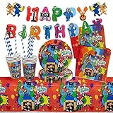 Rainbow Friends Party Supplies Set, 52Pcs Rainbow Friends Partygeschirr Kindergeburtstage Deko, Geburtstagsparty, Teller Tassen Servietten Strohhalme Banner Tischdecke, für Junge Mädchen Partyzubehör