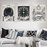 Alishomtll Tarot Wandbehang, Wandteppich Set, Sonne Mond und Stern Wandtuch mit Nägel, Schwarz und Weiss Baumwollleinen, 40 x 50 cm