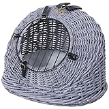 PawHut Transportkorb Transportbox für Katzen Hunde, Korbhöhle mit Gitter,Katzenhaus aus Weide, Katzenkorb, Weidekorb, Grau, 47 x 35 x 35 cm