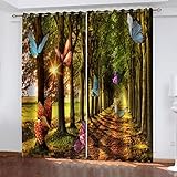 Vorhänge Blickdicht Digitaldruck 3D Waldschmetterlingsdruck Thermogardine Mit Ösen 2Er Set Verdunkelungsvorhang Kinderzimmer Junge Mädchen, Schlafzimmer Wohnzimmer Fensterdekoration 240X270cm