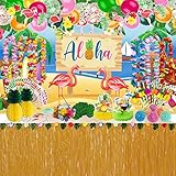 Hawaii Luau Party Dekorationen, tropischer Strand Aloha Sommer Party Supplies, Tischrock, Hintergrund, Ballons, Leis, Strohhalme, Hibiskus Blumen, Palmblätter, Lebensmittel Topper, Ananas, Banner)