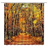 WANVYON Herbst Wald Duschvorhang Herbst Baum gefallene Blätter Romantische saisonale Outdoor Natur Szene Badezimmer Dekor Polyester Vorhänge mit Haken
