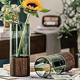 MAADES Vase Blumenvase aus Glas & Holz Rund 30cm groß Glasvase Grün als Tischdeko Hochzeitsdeko