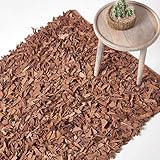 Homescapes Lederteppich Dallas 120 x 180 cm, Fransenteppich aus 100% Echtleder, moderner Shaggy-/Hochflor-Teppich, Hellbraun