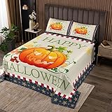 Glückliche Halloween Thema Bettwäsche L Größe,Kürbis Laterne Bettwäsche Kinder Mädchen Jungen Zimmer Dekor,Herbst Ahorn Blätter Tröster Set Geometrische Sterne Gitter Coverlet Quilt,2 Kissenbezug