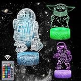xocome Star Wars Nachtlicht mit 3D-Illusion, 3 Muster und 16 Farbwechsel, automatische Abschaltung mit Smart Touch und Fernbedienung für Heimdekoration, Star Wars-Geschenk für Jungen