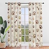 Hiseng Voile Vorhänge mit Ösen Durchsichtig Halbtransparent Ösenvorhang für Fenster Wohnzimmer Schlafzimmer Fußabdruck Moderne und Elegante Transparent Gardine 2er Set (107x244cm,Khaki-Streifen)