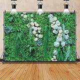 ZARROUEA 2.8x1.5 m, grüne Pflanzenblumen, Wand-Hintergrund, weiße Blumen, grüne Pflanze, Outdoos, Zeremonie, Fotografie, Banner für Hochzeit, Brautparty, Hintergrund, Kuchentisch, Requisiten, Vinyl