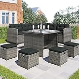 Kayan Polyrattan Lounge Set, 8-teiliges Gartenmöbel-Set, Terrassenmöbel-Set, Allwetter-Rattan-Sofa mit Esstisch und Stuhl und 4 Ottomanen, Gartenlounge wetterfest bis 9 Personen (Grau)