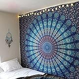 Aakriti Gallery Baumwolle Mandala Wandteppich Wandbehang - Böhmische Tagesdecke, Boho Decke/Überwurf Wandteppiche für Wohnzimmer, Wohnkultur (Blue Peacock, 105 x 80 cms)