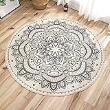 HASUNY Weben Teppich Rund Baumwollteppich Mandala rutschfest Teppich Mit Quasten Ideal Für Wohnzimmer Büro Schlafzimmer Kinderzimmer,Beige,180cm