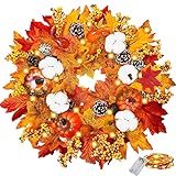 50cm Türkranz Herbst, Herbst Kranz Haustür Dekoration mit Lichtern, Künstliche Ahornblatt-Girlanden für Drinnen Draußen, Hochzeit Erntedankfest Abendessen Party Kamin Weihnachts Dekoration