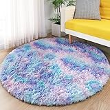 ROHATIM Schlafzimmer Plüsch Teppich Rund,Flauschiger Teppich für Wohnzimmer,modernes Wohnzimmer,Mädchen,weicher und Flauschiger Teppich für das Schlafzimmer Kindermatte(Blau-violett,Ø 100 cm Rund)