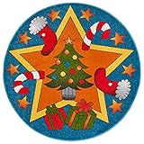 HANSE Home Christmas Time Kinderteppich Rund – Kinderzimmerteppich rutschfest Jungen & Mädchen Weicher Kurzflor Teppich Weihnachten für Kinderzimmer, Spielunterlage – Blau Grün Bunt, 80cm