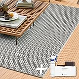 Musterring Nordic In- & Outdoor Teppich Creme-schwarz 200x300 cm robust & wetterfest für Balkon, Terrasse oder Garten + Teppichreiniger-Set
