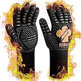 Reinalin Grillhandschuhe Hitzebeständig bis 800°C, Ofenhandschuhe Topfhandschuhe Feuerfeste Handschuhe BBQ Handschuhe Kochhandschuhe Backhandschuhe Backofenhandschuhe (Schwarz)