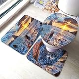 Set 3 Teilig Badvorleger Meer Strand Blau Meer Himmel Gelb Sonne Sonnenuntergang Riff Badteppich Langlebige Weiche Teppiche Und Toilettendeckel, Für Wohnzimmer, Badewanne