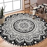 KIMODE Boho Runder Schwarz Teppich 120cm Mandala Schlafzimmer Weicher Groß Teppich mit Pom Pom Fransen rutschfest Waschbar Akzentüberwurf Teppich für Schlafzimmer Sofa Kinderzimmer