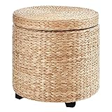 HOMCOM Sitzhocker mit Stauraum, Fußhocker, Fußstützen Hocker, Aufbewahrungsbox, Deckel Abnehmbar, Stroh Rattan, Khaki, Ø43 x 43 cm