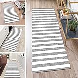 QQrunner Teppich Läufer Flur rutschfest Lang Kücheläufer Waschbar Hell Grau 60x90cm Meterware Weiß Gestreift Teppichmatten Waschbar Korridor Wohnzimmer Schlafzimmer 40-120cm Breit, Anpassbare Größe