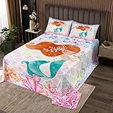 Nette Meerjungfrau Tagesdecke für Kinder Jungen, Fisch Schuppen Druck Glänzende Diamant Coverlet Set Zimmer Dekor Bettbezug, Aquarell Korallen Meer Tiere Quilt Set mit 1 Kissen Sham, S Größe