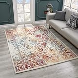 SANAT Teppich Vintage - Modern Teppiche für Wohnzimmer, Kurzflor Teppich in Rot/Gelb/Blau, Öko-Tex 100 Zertifiziert, Größe: 80x150 cm