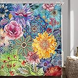Riyidecor Duschvorhang, Mandala, Boho, Blumenmuster, Bohemian-Stil, ausgefallenes Medaillon, 183x183 cm, einzigartig, bunt, schön, Retro, Paisleymuster, Aquarell, Blume, Stoff, Polyester, wasserdicht