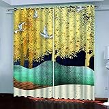 SATUSA Vorhänge Wohnzimmer Blickdicht Gardinen Verdunkelungsvorhang Schlafzimmer Kinderzimmer Thermovorhang Fensterdekoration 3D Berge Goldener Wald Muster Ösenschal 2Er Set 200X160Cm