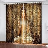 TEMKIN 3D Goldenes Buddha-Muster Druck Vorhang Blickdicht, Verdunkelungsvorhang Modern Wohnzimmer Schlafzimmer Kinderzimmer, Thermogardine Mit Ösen Verdunklungsvorhänge 2Er Set 160X150cm (HxB)