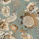 ReWallpaper 44.5CM X 7M Fototapete Blumen Vintage Selbstklebende Tapete Grün Gold Blumentapete Selbstklebend Tapete Türkis Gold Mit Vögeln und Blumen Klebe Tapete Wand Klebefolie Möbel Muster Folie