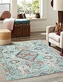 Adiva Rugs Maschinenwaschbarer Teppich mit rutschfester Unterseite für Wohnzimmer, Schlafzimmer, Badezimmer, Küche, bedruckt, persisch, Teppichmatte (mehrfarbig/blau, 1.52x1.52 m quadratisch)
