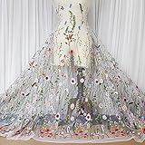 Youmu blumig bestickter Spitzenstoff, Mesh-Stoff zum Nähen, geeignet für Hochzeitskleider, 119 cm breit, Verkauf pro Meter, weiß, 100*120 cm/39.37*47.2'