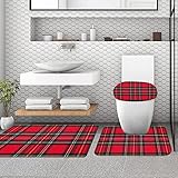 rutschfeste Badematte, 3-teiliges Badezimmerteppich Set,Gelbes Tartan-Plaid-Druckmuster Retro-Weihnachtsneujahr-traditionelles rotes sch,weicher WC-Vorleger, rutschfeste Duschmatte und WC-Vorleger-Set