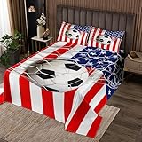 Amerikanische Flagge Bettdecke Kinder 3D Fußball Feld Bettwäsche Set,Fußball Sport Gaming Tröster Set für Jungen Teens Schlafzimmer Dekor,Rot Weiß Navy Geometrische Streifen Coverlet Quilt L Größe