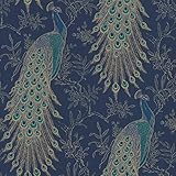 Rasch Tapete 215700 - Dunkelblaue Tapete mit Pfau in Petrol, Türkis und Gold, Metallic - 10,05m x 0,53m (LxB)