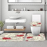 rutschfeste Badematte, 3-teiliges Badezimmerteppich Set,Wasserdichtes rosa Vintages Blumenmuster mit roten Blumen auf einfarbigem buntem,weicher WC-Vorleger, rutschfeste Duschmatte und WC-Vorleger-Set