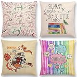 Janktie 4er Set Lesezeit Kissenbezug 55x55cm Sofakissen Groß Kissenbezüge Leinen Deko Kissen Kissenhülle mit Unsichtbarem Reißverschluss Quadrat Kopfkissenbezug für Sofa Schlafzimmer Wohnzimmer J540