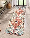 KIMODE Teppich Läufer Flur 60 x 180 cm,Boho Blumen Medaillon Orientalischer Distressed rutschfest Waschbarer Kunstwolle Kurzflor Küchenläufer Für Eingangsbereich Küche Nachttisch Wäsche