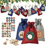 Adventskalender zum Befüllen 5,3 * 3,7 inch Groß Stoffbeutel, 24 Geschenk Säckchen, Weihnachtskalender Selbstbefüllen Aufhängen, 48 Aufkleber, Weihnachten Geschenksäckchen für Kinder Frauen Männner