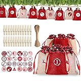 Snowtain 24 Adventskalender zum Befüllen-Stoffbeutel Stoffbeutel Weihnachten Geschenksäckchen mit 1-24 Adventszahlen Aufkleber,DIY Kinder Weihnachtskalender Bastelset Weihnachtskalender tüten